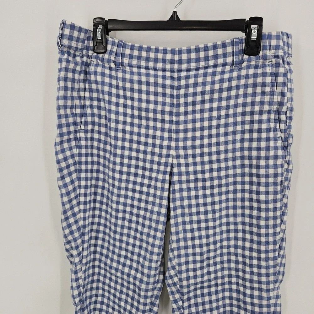 J Jill Linen Stretch Pants Women L Blue Gingham Check‎ Crop Cottagecore Picnic